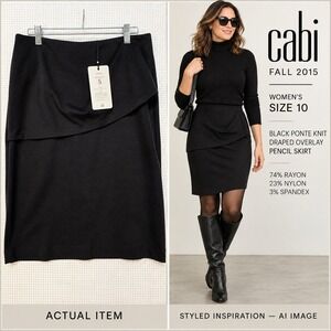 NWT CAbi Black Ponte Knit Draped Overlay Pencil Skirt Fall 2015 Size 10 Timeless